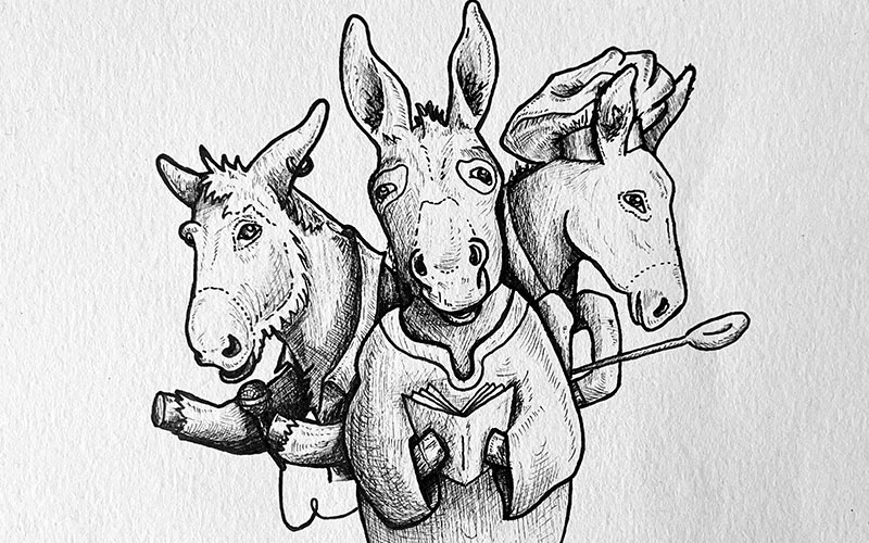 Ronnie Kommene drawing of three atropomorpic donkeys